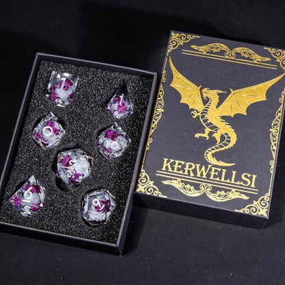 KERWELLSI Cat Liquid Core DND Dice Set with Gift Box, 7Pcs Resin Dungeons Sharp Edge D&D Dice, Dragons D and D Role Playing Dice D20 D12 D10 D8 D6 D4, White and Purple Cat - color: White and Purple Cat