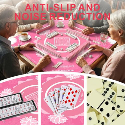 Mahjong Mat for Table,31.5 * 31.5in 3mm，Non-Slip, Silent. | Mahjong Mat with Rules with Storage Bag， Reduction Gaming Mat for Mahjong, Poker, Board Games, Dominoes(Pink) - color: Pink
