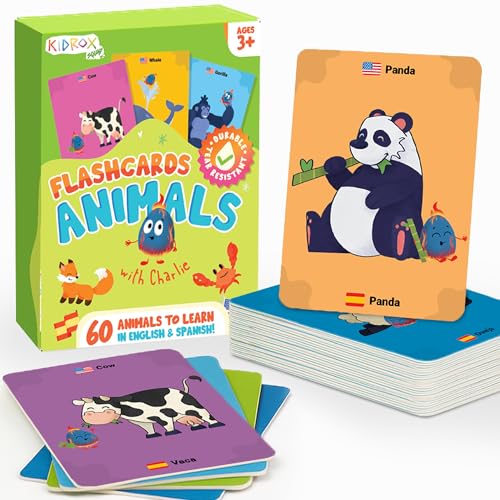 Kidrox Animals Flash Cards, English Learning Cards with Spanish Translations Included, Indestructible Double-Sided, 30 Cards - style: Animals