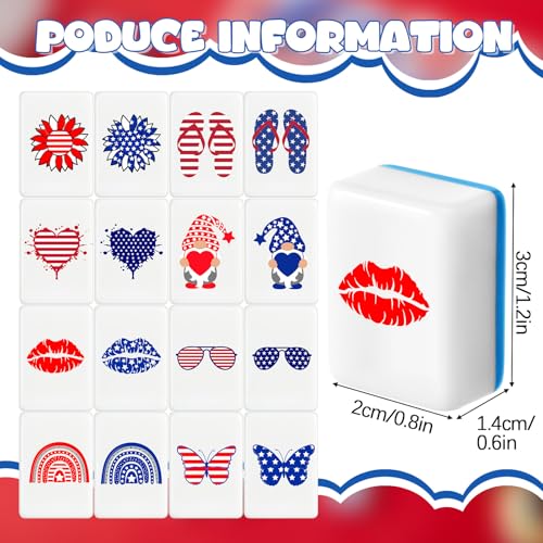 Hollowfly 2 Player Patriotic Mahjong Block Set with Storage Bags 65 Tiles 30 mm 4th of July Mahjong Push Tile Game with Red and Blue Pattern No DIY Required for Friend Family Game Night Party Gift - style: Red and Blue
