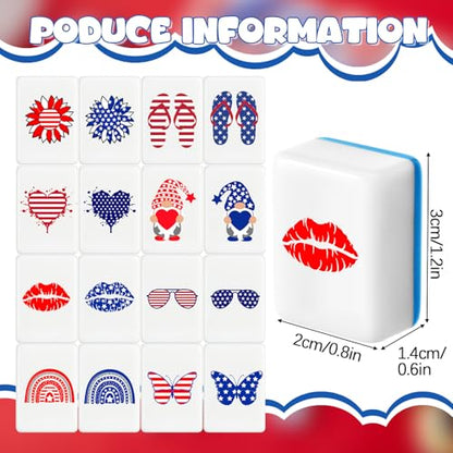 Hollowfly 2 Player Patriotic Mahjong Block Set with Storage Bags 65 Tiles 30 mm 4th of July Mahjong Push Tile Game with Red and Blue Pattern No DIY Required for Friend Family Game Night Party Gift - style: Red and Blue