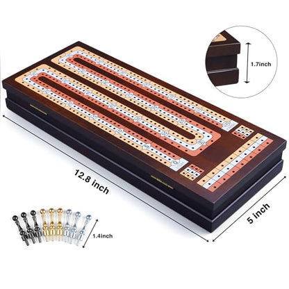 BIVOMON Wooden Cribbage Board Game Set with Large Storage Area, 3 Track Cribbage Board, 9 Metal Pegs｜2 Playing Cards｜Magnetic Lock, Family Travel Portable Tabletop Game for Adults & Kids (Instruction)