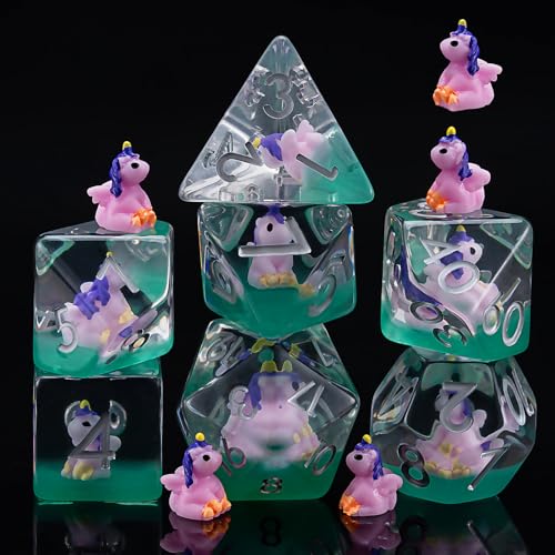 Unicorn DND Dice Set, Resin Animal Polyhedral Dice for Dungeons and Dragons, RPG, MTG D&D 7-DIE (D4, D6, D8, D10, D12, D20, D%) - color: Unicorn2