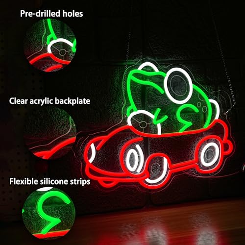Frog Car Neon Sign Frog Driving Car Neon LED Light Cute Animal Toad Light Sign for Wall Decor Man Cave Game Room Playroom Zoo Party (12.6 * 16.54In) - style: Frog Car