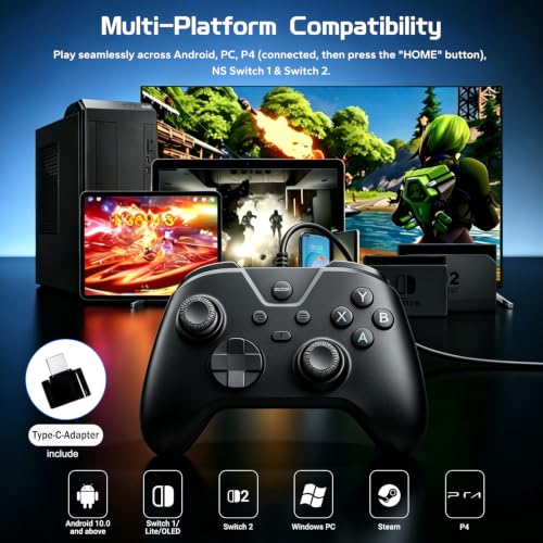 Joso Wired Gaming Controller with 1000Hz Polling Rate, USB Gamepad for Android, Switch, PC & PS4, Turbo and Adjustable Dual Vibration, 6.6-Foot Cable, USB C Adapter Included - color: Black