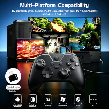 Joso Wired Gaming Controller with 1000Hz Polling Rate, USB Gamepad for Android, Switch, PC & PS4, Turbo and Adjustable Dual Vibration, 6.6-Foot Cable, USB C Adapter Included - color: Black