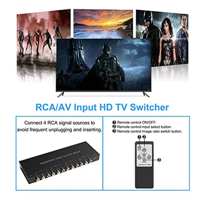 4Port AV to HDMI Converter, 4Port AV to HDMI Switcher with IR Remote, Support 16:9/4:3 and Quick Switch Compatible with WII/N64/SNES/Xbox/PS1/PS2/PS3/VHS/VCR/DVD Players etc.(4AV In-1HDMI Out) - style: 4Port AV to HDMI Converter