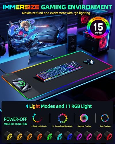15W Wireless Charging RGB Mouse Pad, 31.5"x15.7", XXL Gaming Desk Mat | 15 Lighting Modes, Large Ultra-Smooth Surface, Non-Slip Rubber Base, Waterproof Computer Keyboard Pad for Desk, Office, Black - color: Black Rgb (Wireless Charging)