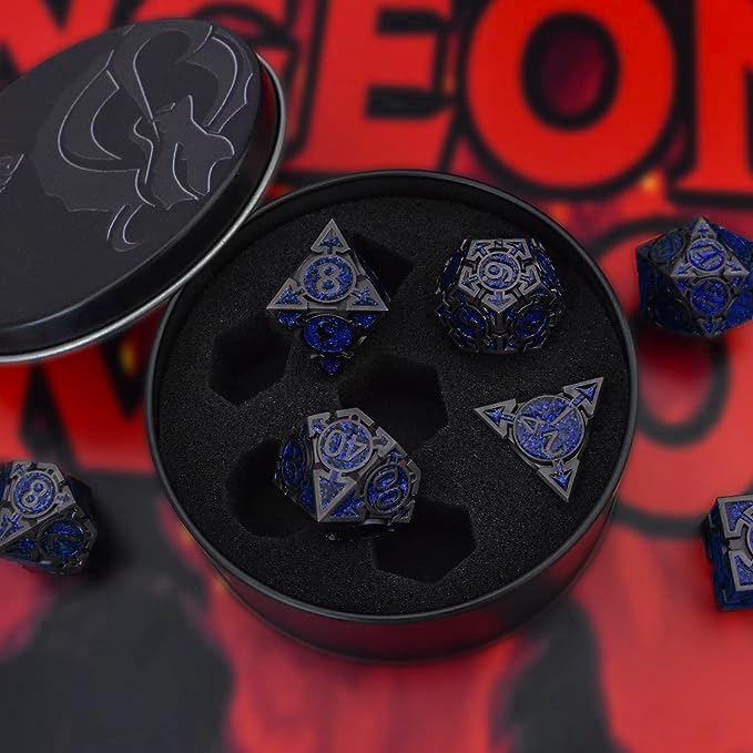 RULE DICE D&D Metal Dice Set, 7 die Metal DND Polyhedral Dice Sets with Gift Metal D and D Dice Box, for Dungeons and Dragons Dice Set and Other Role Playing TMG Games(Sapphire Blue) - color: A-sapphire Blue