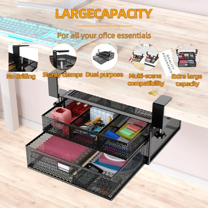 Under Desk Drawer Organizer No Drilling 2 Slide Out Drawer Under Desk Storage Drawer Clamp On Under Desk Management Drawer Organizer Suitable for Home and Office