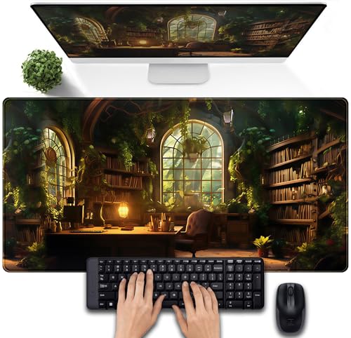 Large Desk Mouse Pad Enchanted Library Desk Mat, Extended Gaming Mouse Mat, Office Home Keyboard Pad, Magical Forest Computer Mats XXL, Full Desktop Mat Aesthetic PC Accessories 31.5" x 15.75" - color: Forest Bookstore
