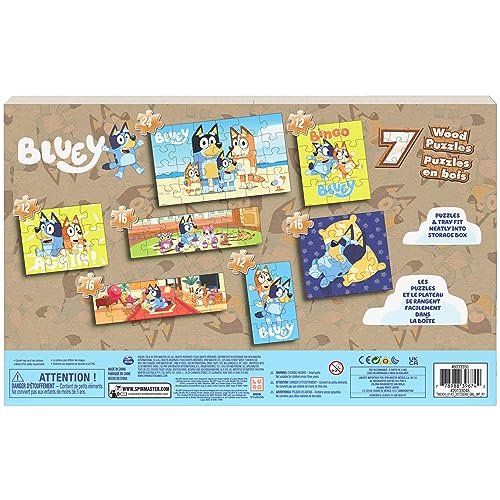 Spin Master Games Bluey 7-Pack Wooden Puzzles with Storage Tray for Kids | Includes 7 Wooden Puzzles, Screen-Free Activity, Develops Fine Motor Skills & Dexterity, Features Bluey & Family, Ages 4+