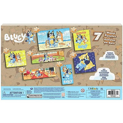 Spin Master Games Bluey 7-Pack Wooden Puzzles with Storage Tray for Kids | Includes 7 Wooden Puzzles, Screen-Free Activity, Develops Fine Motor Skills & Dexterity, Features Bluey & Family, Ages 4+
