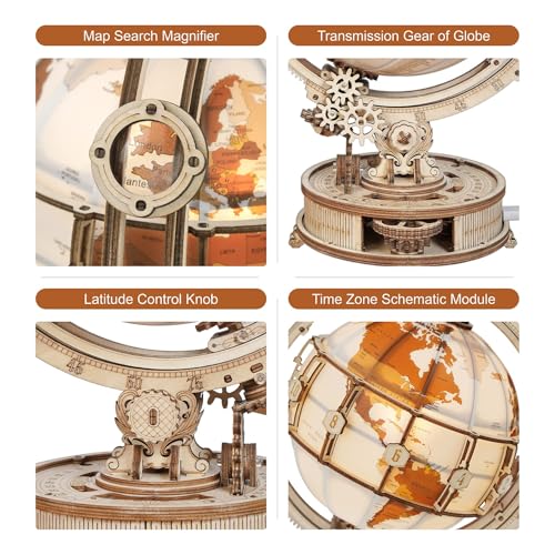 ROKR 3D Wooden Puzzles for Adults Illuminated Globe with Stand 180pcs 3D Puzzles Built-in LED Model Kit Hobby Gifts for Adults Home Decor