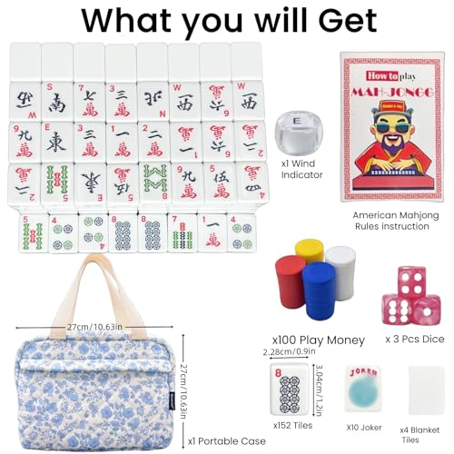 bestcool American Mahjong Set with Floral Quilted Carrying Bag | 166 White Tiles, Easy-to-Read Markings, Wind Indicator, Organized Storage, Game Night & Travel