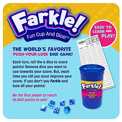 Continuum Games Farkle Fun Cup and Dice The Worlds Favorite Classic Push Your Luck Dice Game Includes Rolling Dice Cup, 6 Dice, and Scorepad Ages 6 and up - style: Fun Cup