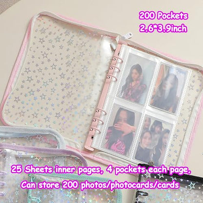 Kpop Photocard Binder with 6 Stickers Sheet & 50 Shinning Protective Card Sleeves Kpop Photocard Holder Book, A5 Binder Photocard Album 25 Inner Pages with 200 Pockets 6 Ring (Pink) - color: Pink