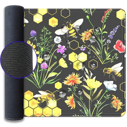 Bees and Honeycombs Mouse Pad,XL Large Wildflowers Mousepad Desk Pad with Stitched Edges,Non-Slip Waterproof Rubber Base Mouse Mat Desk Mat for Office Computer Keyboard Laptop Home 27.5x11.8 in - color: Bees and Flowers
