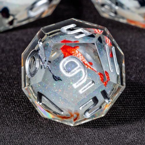 OUKELANWO Liquid Core Koi Fish DND Dice Set with Box, 7Pcs Sharp Edge Resin Role Playing D&D Dice, Ocean D and D D20 D12 D10 D8 D6 D4 Dice