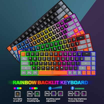 Snpurdiri 60% Wireless Gaming Keyboard and Mouse Combo,Rainbow Backlit Rechargeable 2000mAh Battery,Mini Mechanical Feel Keyboard + Popular RGB Mice for Gaming,Business Office(Gray-Black-Orange) - color: Black Gray Orange Combo