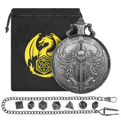 Mini DND Dice Set with Steampunk Paladin Pocket Watch Shell Case, DND Starter Set, 7pcs Polyhedral Mini Metal Dice Set, DND Gifts with Gift Bag, Role Playing Board Game Accessories, Silver - color: Dark Silver