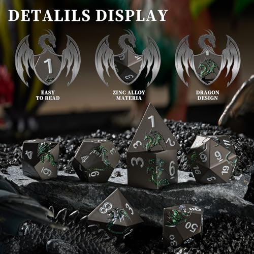 Dragon Metal DND Dice Set,Heavy Zinc Alloy Polyhedral 7-Die Set for Fantasy TTRPG & Tabletop RPG Games,Luxury Magnetic Display Case,Gift Ready for Collectors & Players(Glitter Green Dragon) - color: Black With Glitter Green