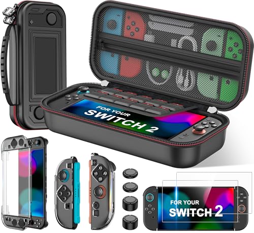 Larstylee Switch 2 Accessories Bundle - Carrying Case, 2x Screen Protectors, 4x Thumb Caps, Detachable Protective Cases for Nintendo Switch 2/Switch/OLED - color: Black, size: 4 in 1 Switch 2 Accessories