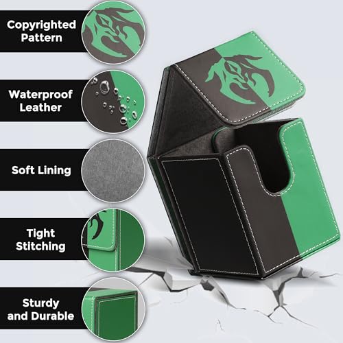 Card Deck Box with 2 Dividers, MTG Commander Deck Box Holds 100+ Double-Sleeved Cards, Leather Magnetic Deck Case Compatible with Magic TCG CCG Cards, Black/Green - color: 1. Black & Green, size: 100 Double-sleeved Cards Vertical