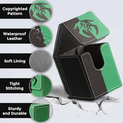Card Deck Box with 2 Dividers, MTG Commander Deck Box Holds 100+ Double-Sleeved Cards, Leather Magnetic Deck Case Compatible with Magic TCG CCG Cards, Black/Green - color: 1. Black & Green, size: 100 Double-sleeved Cards Vertical