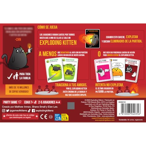 Exploding Kittens Edicion Original Spanish Version - 2-5 Jugadores - Edades 7+ - Juego de 15 Minutos - Juego de Cartas de Alto Riesgo - Juego de Fiesta, Noche de Juegos Familiar, para Niños y Adultos - style: Exploding Kittens Español
