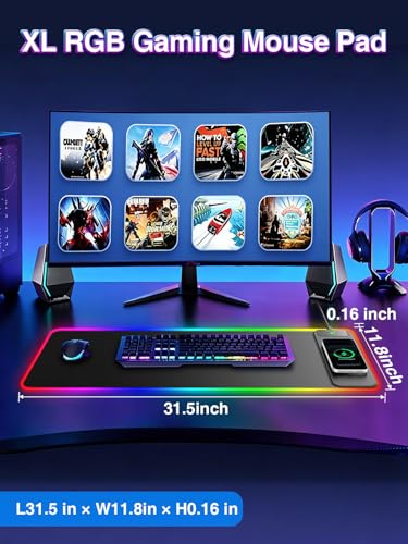 XL RGB LED Gaming Mouse Pad with 15W Magnetic Wireless Charging | 31.5'' x 11.8'' Large Desk Mat, 24 Lighting Effects Keyboard Pad with Non-Slip Rubber Base, Waterproof Easy Gliding Surface - color: RGB-Magnetic Right Charger-31.5"x11.8"