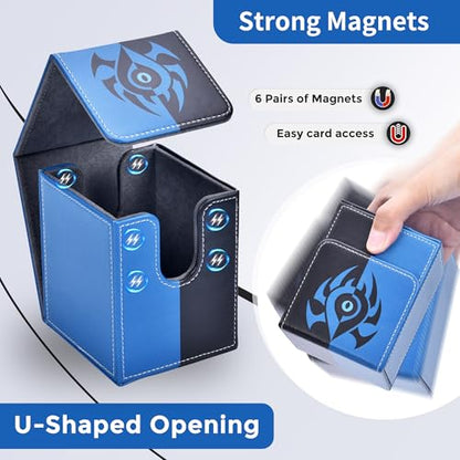 Card Deck Box with 2 Dividers, MTG Commander Deck Box Holds 100+ Double-Sleeved Cards, Leather Magnetic Deck Case Compatible with Magic TCG CCG Cards, Blue/Black - color: 1. Blue & Black, size: 100 Double-sleeved Cards Vertical
