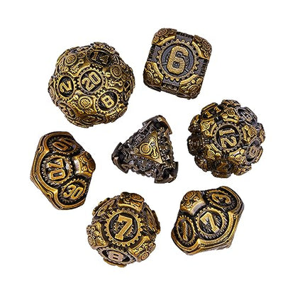 Metal Dice Set D&D, 7-Die Polyhedral DND Dice Metallic Gear Die | PU Leather Bag Compatible with Dungeons and Dragons RPG Tabletop Role Playing Games (Antique Gold) - color: Antique Gold