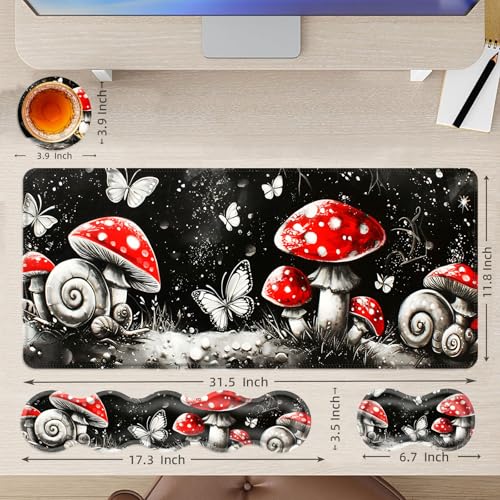 Large Mouse Pad and Keyboard Wrist Rest, Desk Pad for Keyboard and Mouse, 4-in-1 Large Gaming Mouse Pad with Wrist Support, Desk Mat for Home Office Study Game,Mushrooms Snails Butterflies - color: Mushrooms Snails Butterflies