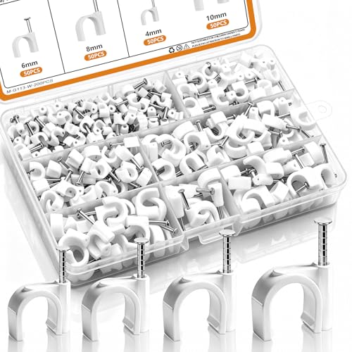 mankk 200PCS Cable Clips Nail in Cable Clips Wire Clips 4/6/8/10mm Round Ethernet Cables Wall Clips for Cords RG6 RG59 CAT5 CAT6 RJ45 - color: White-200PCS
