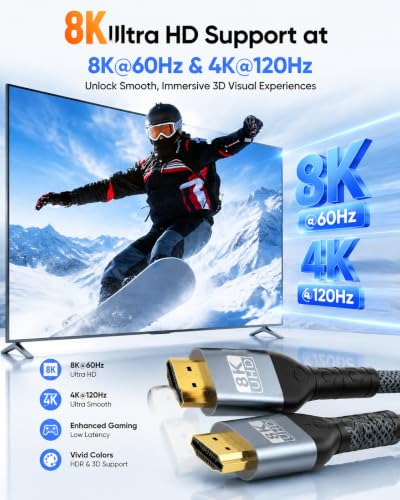 Long 8K HDMI Cable 15FT, 48Gbps Ultra High Speed 8K@60Hz 4K@120Hz Gaming HDMI 2.1 Cable Cord, Dynamic HDR, eARC HDCP 2.2&2.3, DTS:X,RTX 3090 for PS5 Xbox SoundBar UHD TV Monitor