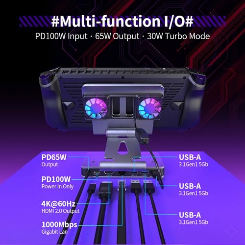 6-in-1 Gaming Docking Station, Built-in Cooling Fan & RGB Light, 4K@60Hz HDMI, Gigabit Ethernet, 100W PD Charging, Adjustable Stand, Portable Dock for Steam Deck, ROG Ally, Legion Go