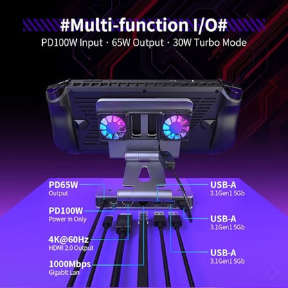 6-in-1 Gaming Docking Station, Built-in Cooling Fan & RGB Light, 4K@60Hz HDMI, Gigabit Ethernet, 100W PD Charging, Adjustable Stand, Portable Dock for Steam Deck, ROG Ally, Legion Go