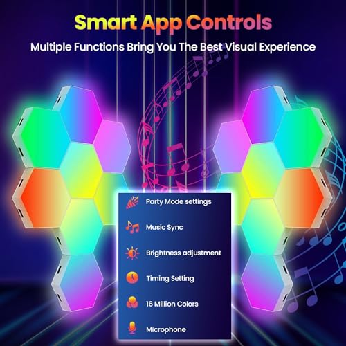 16-Pack Hexagon RGB LED Wall Lights, Smart Modular Light Panels with App & Remote Control, Music Sync Color Changing Lights, DIY Gaming Room Decor, Bedroom LED Wall Lighting, Expandable Design