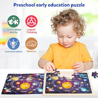 SYNARRY Large US World Earth Solar System Wooden Puzzles for Kids Gift Box(12.2 * 9.4 in), Puzzles for Toddlers 3-5, Wood Puzzles for Kids Ages 4-6, Easter Basket Stuffers Gifts for Kids - style: US World Earth Solar System