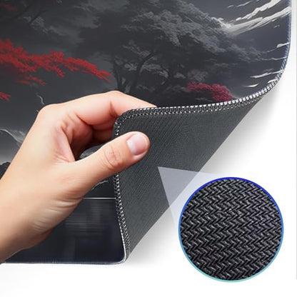 Japanese Dark Red Moon Gaming Mouse Pad, Extended Mouse Pad with Non-Slip Base, Full Keyboard Pad with Stitched Edges, Large Desk Pad for Gaming, Office, Home 31.5 x 11.8 Inch - color: Japanese style