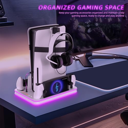 PS5 Pro/PS5/Slim/Stand and Cooling Station with LED,Charging Station for PlayStation Portal & PS5 Controller, Headset and Remote Holders (White) - color: White