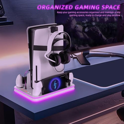 PS5 Pro/PS5/Slim/Stand and Cooling Station with LED,Charging Station for PlayStation Portal & PS5 Controller, Headset and Remote Holders (White) - color: White