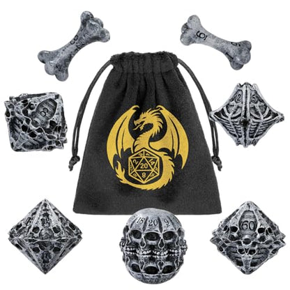 DND Dice Set, Features Skeleton Theme Dice Set, Resin Material, DND Starter Set, 7pcs Polyhedral Dice Set with Dice Bag, Role Playing Board Games Accessories, Grey