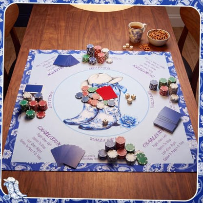 Blue American Western Boot Mahjong Mat with Rules 31.5" x 31.5" Non-Slip Noise Reduction Gaming Mat with Carrying Bag American Mahjong Table Cover for Poker Board Card Games Dominoes - style: Blue Cowboy Willow