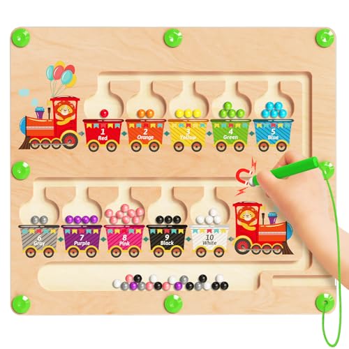 Magnetic Color and Number Maze, Montessori Toys for 2 3 4 Year Old, Wooden Color Matching Puzzle Board, Preschool Learning Activities Travel Toys for Ages 2-4 for Girls Boys Birthday Gifts - Train - style: Train