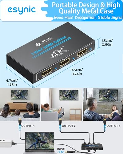 eSynic 4K@30Hz HDMI Splitter 1x3-1 in 3 Out HDMI Splitter for Dual Monitors-Plug & Play-Supports1080P 3D HDCP Bypass – for PS4/PS5, Projector, PC, TV, Office Conference -Only Mirror No Extend Mode - size: 1 in 3 Out