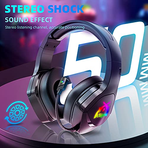 OLDGUN-M50 Gaming Headset Microphone That Will Never be Damaged Stereo Headset for PC/PS4/PS5 Controller, Over Ear Headphones with RGB Light Noice Cancelling Microphone and Soft Earmuffs