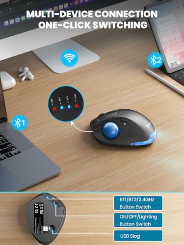 Wireless Trackball Mouse, Adjustable Angle, Rechargeable, Backlit-Blue Ball | MAM1 Pro Ergonomic Mouse Rollerball Thumb mice with 5 Level DPI, 3 Devices Connection (USB & Bluetooth ) for PC, Windows - color: Blue Ball