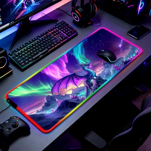 RGB Fantasy Aurora Scenery and Dragon Gaming Desk Mat, Computer Keyboard Large Extended Long LED Mouse Pad for Office and Home, XL (W06) - color: Rgb-w06